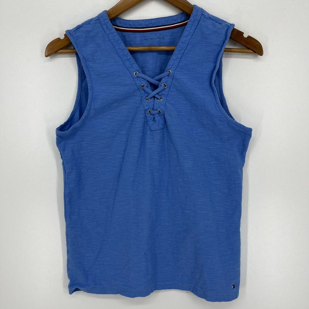Tommy Hilfiger Womens Blue Lace Up V-Neck Sleeveless Slub Knit Cotton Top Size M